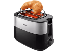 Grille-pain Philips argenté et noir avec un croissant dessus. Les éléments chauffants sont visibles.