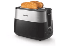 Charger l&#39;image dans la galerie, Grille-pain Philips noir et argent avec deux tranches de pain grillé. Il dispose d&#39;un cadran pour régler le niveau de grillage.
