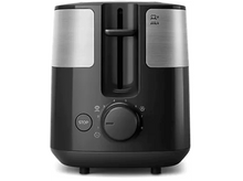 Charger l&#39;image dans la galerie, Grille-pain noir et argenté. Le grille-pain a un bouton et un bouton d&#39;arrêt. Le fond est une surface blanche.
