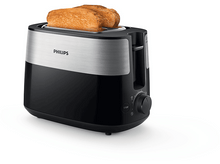 Charger l&#39;image dans la galerie, Un grille-pain Philips noir et argenté avec deux tranches de pain grillé.
