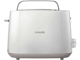 Grille-pain Philips blanc avec une poignée, sur fond blanc, avec le logo Philips.