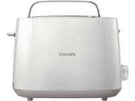 Grille-pain Philips blanc avec une poignée, sur fond blanc, avec le logo Philips.