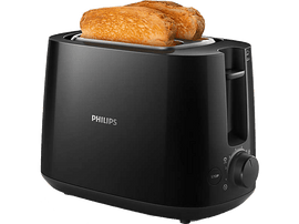 Grille-pain Philips noir avec deux tranches de pain grillé dans les fentes. Il a un cadran et un bouton d