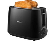 Grille-pain Philips noir avec deux tranches de pain grillé dans les fentes. Il a un cadran et un bouton d'arrêt.