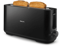 Charger l&#39;image dans la galerie, Un grille-pain Philips noir avec deux tranches de pain grillé. Il y a un cadran et un bouton stop.
