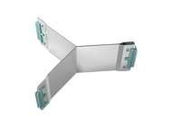 Un support blanc et gris, avec trois clips bleu-vert à chaque extrémité, disposés en forme de croix, sur fond noir.