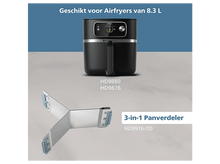 Charger l&#39;image dans la galerie, Un airfryer Philips noir avec écran numérique, en dessous un diviseur de poêle 3 en 1 blanc. Texte : Convient aux friteuses à air de 8,3 L.

