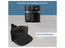 Charger l'image dans la galerie, Friteuse à air Philips noire avec écran numérique et plaque à pizza. Le texte indique la compatibilité avec les friteuses à air de 8,3 L.
