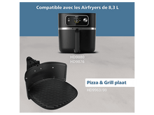 Charger l'image dans la galerie, Airfryer Philips noir et plaque de grill. Le texte indique la compatibilité avec les Airfryers de 8,3L. Les numéros de modèle HD9880 et HD9876 sont visibles.
