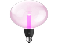 Une ampoule rose avec une base noire. C'est une ampoule arrondie avec une colonne lumineuse centrale.