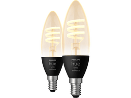 Deux ampoules Philips Hue ambiance blanche. Base noire, filaments en spirale. Fond blanc.