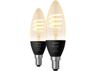 Deux ampoules Philips Hue ambiance blanche. Base noire, filaments en spirale. Fond blanc.