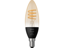 Charger l&#39;image dans la galerie, Ampoule Philips Hue. Forme de bougie avec filament en spirale et base noire. Couleur ambre.
