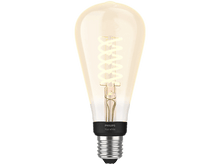 Charger l&#39;image dans la galerie, Une ampoule avec filament en spirale. Verre transparent et base noire.
