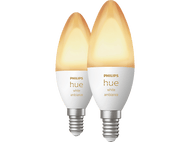 Deux ampoules Philips Hue ambiance blanche. Elles sont blanches et ont une lueur jaune.