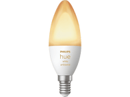 Une ampoule Philips Hue ambiance blanche. Base blanche, dessus transparent.