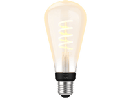 Une ampoule Philips Hue. C'est une ampoule transparente avec un filament en spirale et une base noire.