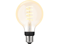 Une grosse ampoule ronde avec un filament en spirale et un socle noir.