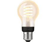 Une ampoule LED Philips Hue. Elle possède un filament en spirale et une base sombre.
