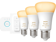 Ensemble d'éclairage intelligent Philips Hue : pont, interrupteur et trois ampoules.