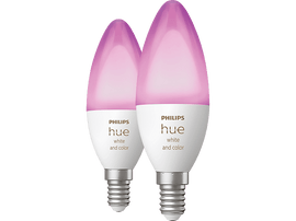 Deux ampoules intelligentes Philips Hue avec une lumière rose émanant de l