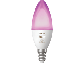 Ampoule intelligente Philips Hue, base blanche, lumière rose.