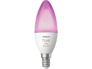 Ampoule intelligente Philips Hue, base blanche, lumière rose.