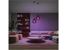 Charger l&#39;image dans la galerie, Un salon avec un canapé, une bibliothèque, de l&#39;art et deux lampes violettes suspendues.
