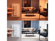 Charger l&#39;image dans la galerie, Deux scènes montrant un interrupteur de lumière intelligent et les couleurs changeantes de la lumière dans un salon.
