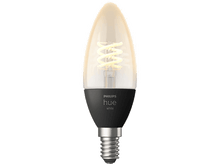 Charger l'image dans la galerie, Ampoule intelligente Philips Hue blanche en forme de bougie, avec filament en spirale et base noire.
