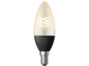 Ampoule intelligente Philips Hue blanche en forme de bougie, avec filament en spirale et base noire.
