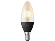Ampoule intelligente Philips Hue blanche en forme de bougie, avec filament en spirale et base noire.