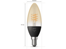 Charger l'image dans la galerie, Ampoule bougie blanche Philips Hue. L'ampoule est jaune et noire avec dimensions.
