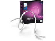 Bande lumineuse Philips Hue et boîte, la bande créant une lueur rose.