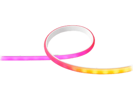 Une bande lumineuse LED flexible et incurvée en nuances de rose, rouge et jaune.