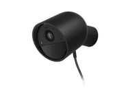 Caméra de sécurité noire avec un design arrondi et un câble attaché.