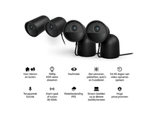 Charger l&#39;image dans la galerie, Plusieurs caméras de sécurité noires avec des icônes et du texte sur les fonctionnalités, en rangée.
