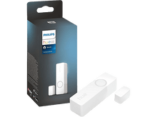 Charger l&#39;image dans la galerie, Ensemble et boîte de capteur de contact Philips Hue. Capteurs rectangulaires blancs sur fond noir.
