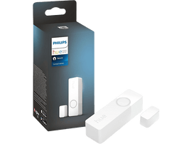 Ensemble et boîte de capteur de contact Philips Hue. Capteurs rectangulaires blancs sur fond noir.