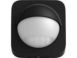 Détecteur de mouvement noir avec un devant blanc arrondi et un dessus noir incurvé.