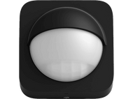 Détecteur de mouvement noir avec un devant blanc arrondi et un dessus noir incurvé.