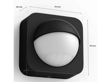 Charger l&#39;image dans la galerie, Un détecteur de mouvement noir. Il a un dôme blanc et une base noire. Les dimensions sont indiquées autour de l&#39;appareil.
