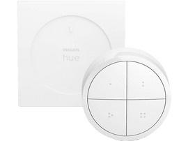 Appareil domestique intelligent Philips Hue blanc, une base carrée et un panneau de commande rond avec quatre boutons.