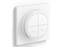 Charger l&#39;image dans la galerie, Panneau de contrôle domotique rond blanc avec quatre boutons, monté sur plaque carrée blanche.
