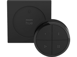 Ensemble de contrôle Philips Hue pour maison intelligente noir : panneau mural carré et télécommande ronde avec boutons.