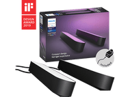 Barres lumineuses Philips Hue, noires, émettant une lumière violette. Logo Design Award 2019 et alimentation.