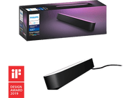 Barre lumineuse Philips Hue Play. Noire, avec une boîte montrant le produit et ses fonctionnalités.