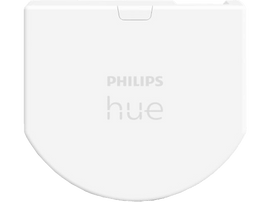 Un appareil Philips Hue blanc, vue de dessus, avec le nom de la marque et le logo.