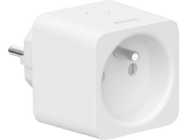 Une prise intelligente Philips blanche avec trois broches. Un bouton est en haut. Un récepteur de prise est à l