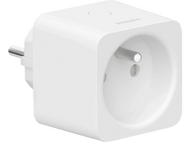 Une prise intelligente Philips blanche avec trois broches. Un bouton est en haut. Un récepteur de prise est à l'avant.